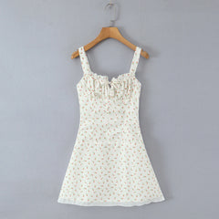 Lunivop New French Style Vintage Rose Flower Print Wood ears Bow Ruched Chest Sling Dress Women Cross Lacing up Backless Short Vestidos