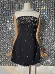 Lunivop Mini Dress For Women Strapless Splicing Beading Dress For 2025 Women's Black Elegant Fashion New Style Spring