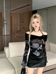 Lunivop Black Fake Two Piece Halter Camisole Tops Women Y2k Slim Fit Long Sleeve Tee Shirt Summer New Off Shoulder 3D Flower T-shirts