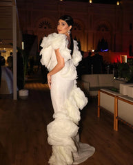 Lunivop O-neck Ruffles Sleeve Mermaid Dress With Train Ruffled Floral Evening Dresses Off White Lace Long Woman Clothes Elegant Prom Dress