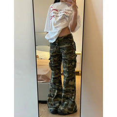 Lunivop Casual High Street American Retro Overalls Camouflage Loose Wide Leg Pants for Women Y2k Hip-hop Cargo Grunge Baggy Trousers