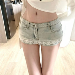 Lunivop Casual Lace Patchwork Denim Short Skirt New line High Waist Spice Girls Faldas Small Fellow Slim Bodycon Straight Falda
