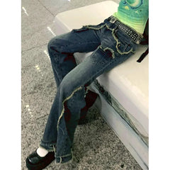 Lunivop Blue Womens Jeans High Waist Vintage Design Hip Hop Straight Baggy Denim Pants Street Y2K American Style Wide Leg Denim Trouser
