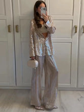 Lunivop Women Champagne Gold Sequin Shirt & Pants Set Side Slit Blouse Wide-Leg Trousers Spring Party Outfit Fashion Glam Lady Suit