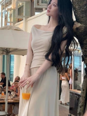 Lunivop Summer Spring Elegant Off Shoulder Long Dresses Casual Sleeveless Evening Party Dress Korean Style Slim Waist A-line Vestidos