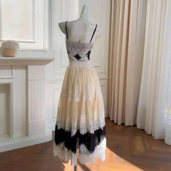 Lunivop French Style Lace Contrast Suspender Dress Spliced Sleeveless One Shoulder Evening Dresses Female 2025 Spring New