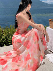 Lunivop Women Sweet Pink Floral Elegant Sleeveless Ruffled Edges Slip Dresses Summer Romantic Bohemian Sexy Birthday Evening Party Dress