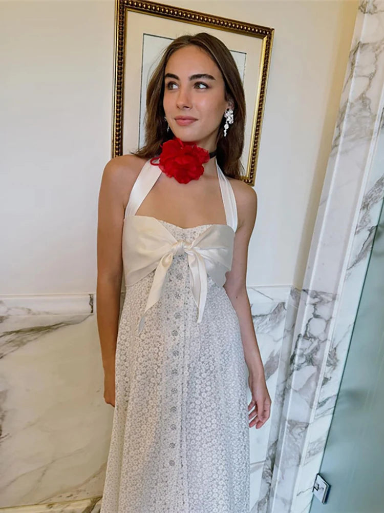 Lunivop Sexy Hollow Out Lace Bow Women Maxi Dress White Backless Single Breasted Dress Female Summer Slim Elegant Party Clubwear