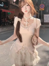 Lunivop Sweet Slim Fit Lace Bow Short Sleeve Knitted Top for Women+ Summer New High Waist A-line Cake Skirts Two Piece Serts