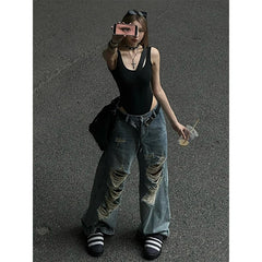 Lunivop Women's Y2k Ripped Jeans Baggy Harajuku 2000s Trashy 90s Aesthetic Denim Trousers Streetwear Oversize Jean Pants Vintage Clothes