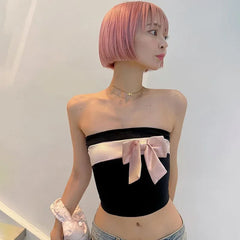 Lunivop European and American pink bow embellishment South East Asia style sleeveless tube top bottom top women