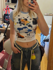 Lunivop Spring/Summer New Round Neck Color Matching Animal Print Dopamine Millennial Style Sexy Slim Short-Sleeved Top