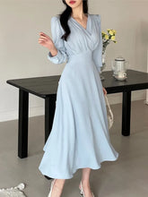 Lunivop Korean Solid Midi Dresses for Women Fashion V-neck Long Sleeve A-line Solid Casual Dress Office Lady Clothing Autumn New