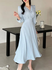 Lunivop Korean Solid Midi Dresses for Women Fashion V-neck Long Sleeve A-line Solid Casual Dress Office Lady Clothing Autumn New