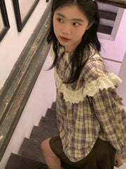 Lunivop Japan Cute Plaid Shirts Women Vintage Peter Pan Collar Kawaii Blouse Preppy Style Loose Long Sleeve Lady Lace Patchwork Top