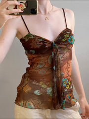 Lunivop Retro Mesh Floral Print Camis Sexy See Through Sleeveless Crop Top y2k Vintage Ruffles Tee Summer Holiday Transparent Top