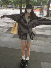 Lunivop Harajuku Y2k Top Black Gray Striped Cardigan Autumn Loose Casual Long-Sleeved Top Woman Clothes Grunge Korean Fashion
