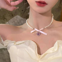 Lunivop Korean Trendy Sweet Bling Heart Pendant Pearl Beaded Necklace for Women Elegant Niche Design Party Jewelry Gifts