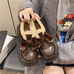 Lunivop Winter British Style Fashion Bowknot Small Leather Shoes for Women 2025 New Retro Plush Warm Cotton Shoes Women Mary Jane Shoes
