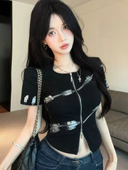 Lunivop Harajuku Y2K T Shirt Women Slim Sexy Cropped Double Zipper Vintage Tees Streetwear Vintage American Casual O Neck Lady Tops
