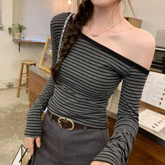 Lunivop 2025 New Spring Summer Vintage Striped Women's T-shirt Long Sleeve One Shoulder Casual Korean Bottom Shirts Tops Female