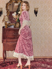 Lunivop Patchwork Deep V-neck Lace Women Maxi Dress Short Sleeve Printed Floral Dress Female Spring French Casual Party Clubwear