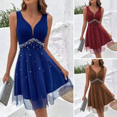 Lunivop Lady Summer Ball Gown Elegant V Neck Pearl Embellished A-line Evening Dress with Double-layer Mesh Overlay High Waist for Summer