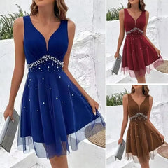 Lunivop Lady Summer Ball Gown Elegant V Neck Pearl Embellished A-line Evening Dress with Double-layer Mesh Overlay High Waist for Summer