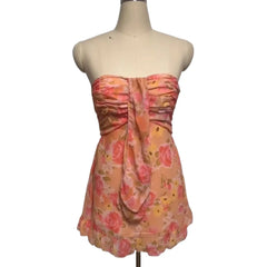 Lunivop Ruched Chest Floral Print Strapless Mini Chiffon Dress Women Ruffles Hem Elastic Bandage Backless Holiday Dresses Robe