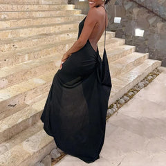 Lunivop Open Back Fashion Dresses Elegant Halter Neck Irregular Sexy Sleeveless Off-shoulder Pleated Black Slimming Side Slit Long Dress