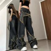 Lunivop New American Vintage Washed Five-Point Star Frayed Hem Jeans for Women High Street Niche Oversized Straight Leg Long Pants