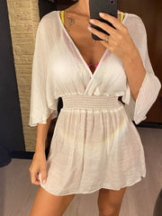 Lunivop New Sexy V Neck Long Sleeve Backless Chiffon Tunic Beach Cover Up Beach Cover-ups Beach Dress Beach Wear Beachwear