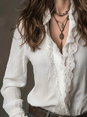 Lunivop Euramerican High Street Fashion Spliced Lace Edge Women Blouse Y2k Thin All Match Single Breasted Loose Shirts Harajuku Punk Top
