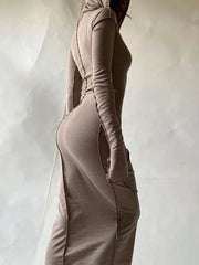 Lunivop Long Sleeve Hooded Patchwork Skinny Maxi Dress Autumn Winter Women Fashion Streetwear Casual Outfits