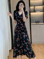 Lunivop Women Elegant Long One-piece Dress Gown Summer Black Floral Puff Sleeve V-Neck Luxury Dress 2025 Korean Bodycon Festival Dresses