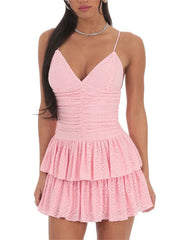 Lunivop V-Neck Ruffled Backless Mini Dress Women High Waist Solid Spaghetti Patchwork Sexy Solid Party Dress Ladies Summer Dress