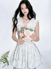 Lunivop Floral V Neck Sexy Dress Women Casual Elegant Sleeveless Mini Dress Vintage Lace Up Female Korean Summer Beach Style Dress