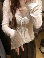 Lunivop Autumn Lace Jacquard Fairy Grunge T-shirt Women Y2k Aesthetic Flare Sleeve Tshirts Harajuku Vintage Sexy Slim Fit Bow Tops