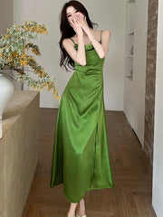 Lunivop Summer Green Satin Swinging Collar Sling Long Dress Women Korean Vintage Luxury Party Vestidos Elegant Bodycon Night Dress