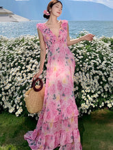 Lunivop French Chic Ruffles Floral Print Dresses For Women Backless Beach Style Cake Dress Female Long Vestidos Summer Maxi Dress