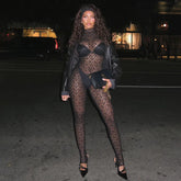 Lunivop Sheer Fishnet Mesh Lace Black One Piece Rompers Jumpsuit Sexy Club Outfits Turtleneck Long Sleeve Bodycon Jumpsuits