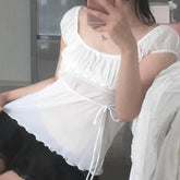 Lunivop White Mesh Transparent Crop Top y2k Aesthetic Folds Stitching Short Sleeve T Shirts Korean Style Cute Tees Sexy Clubwear
