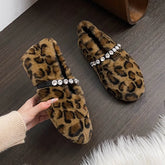 Lunivop Fashion Leopard Fur Ballet Flats Woman Designer Rhinestone Buckle Strap Mary Jane Shoes Ladies Winter Warm Plush Shallow Loafers