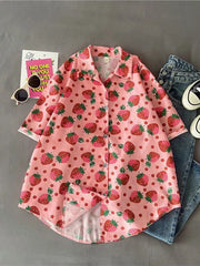 Lunivop Cute Strawberry Loose Shirt Women Casual Preppy Style Kawaii Blouse Summer Short Sleeve Vintage Japan Female New Tops