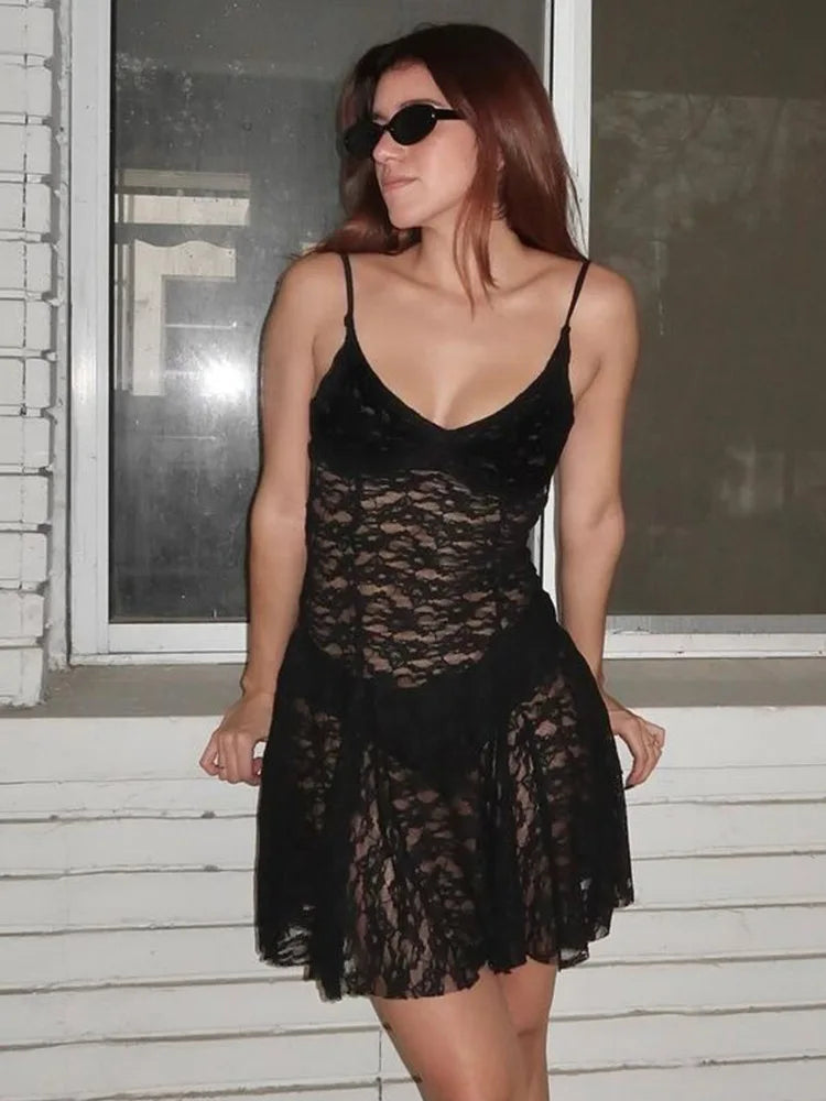 Lunivop Sexy See Through Lace Women Dress Black Spaghetti Strap Print Floral Dress Female Summer New Elegant Party Clubwear