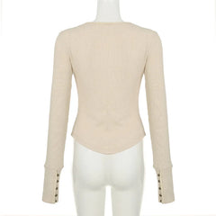 Lunivop Hollow out Crop Tops y2k Aesthetic Round necked Fairy Grunge Women Knitted Button Long Sleeve Slim TShirts Harajuku Tees Clothes