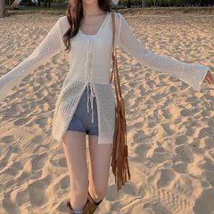 Lunivop Tie Front Open Knit Cardigan Women Long Sleeve Longline Sweater Jacket Sheer Beach Cover-Up Ladies Boho Vacation Outfit