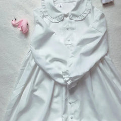 Lunivop Japanese Lolita White Dress Summer Puff Sleeve Ruffles Dress Preppy Style Kawaii Sweet Fairy Peter Pan Collar Women Midi Dresses