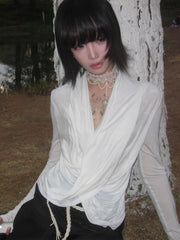 Lunivop Y2k Fairycore T Shirt Women Lace Patchwork Fake Two Pieces Tops Japanese 2000s Irregular Swing Collar Tee Tops E-girls