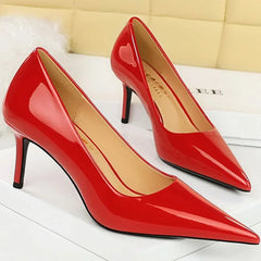 Lunivop Fashion Women Simplicity Glossy Patent Leather 7cm Thin High Heels Pumps Shallow Pointed Toe Lady Shoes Red Nude Green